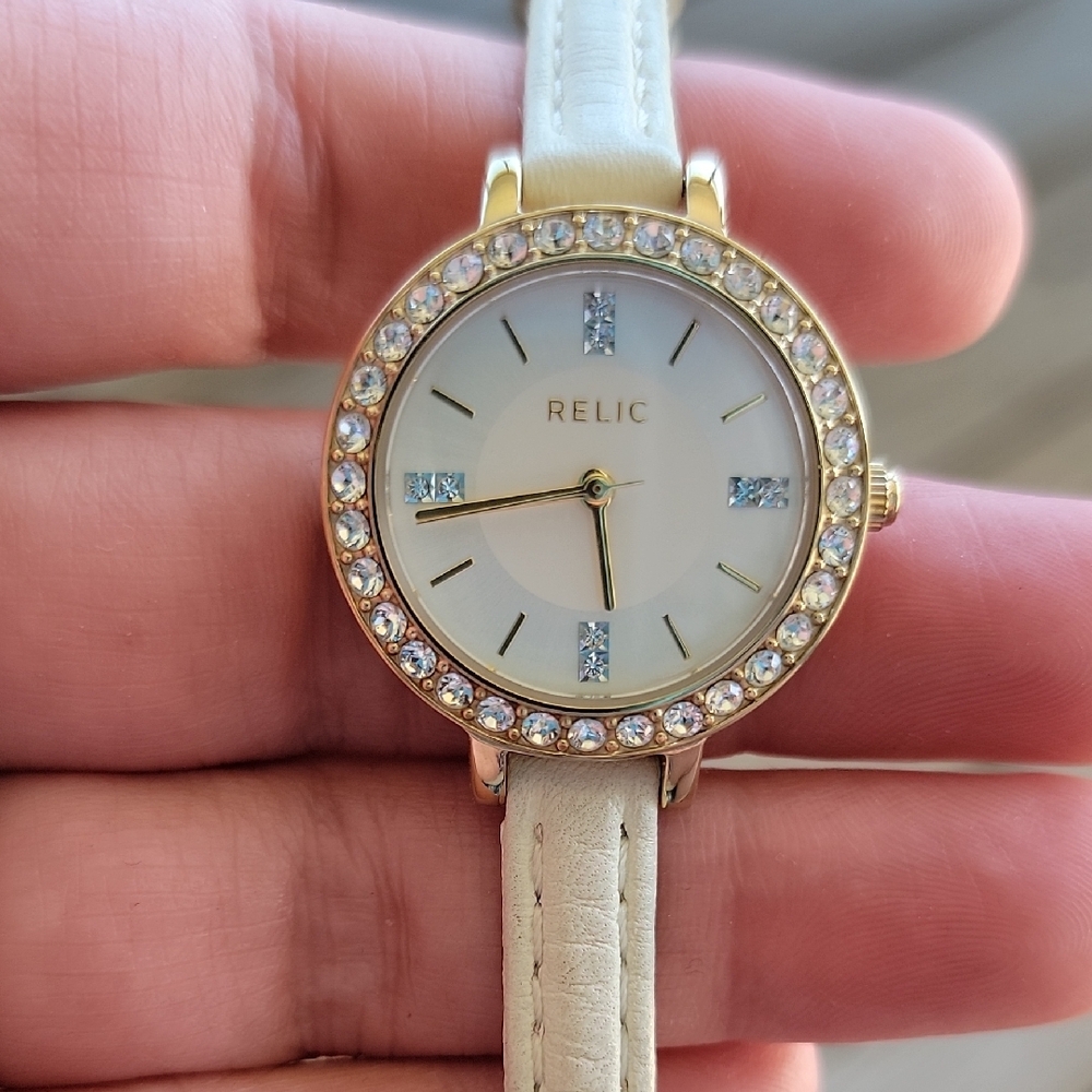 Relic Gold Watch with Cream Strap and Crystal Bezel
